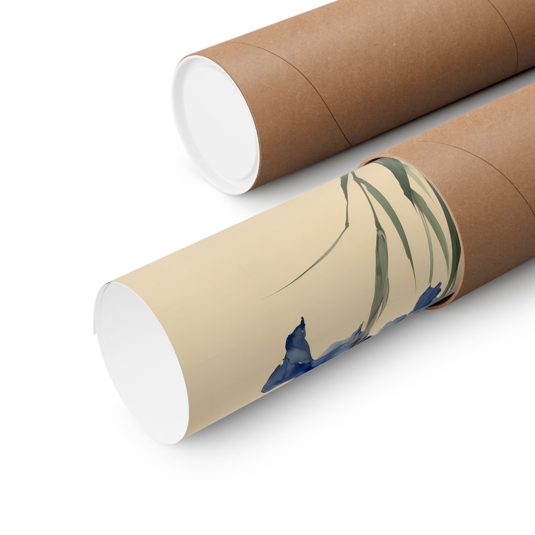 Kakitsubata print rolled in a kraft cardboard shipping tube, showing how unframed prints are sent, Yugen Print