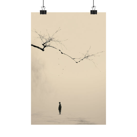 The Branch and the Wayfarer — Solitary Figure Beneath Branch | Zen Minimalist Ink Art