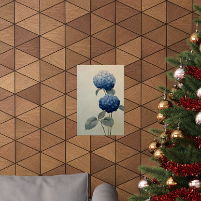 Two Hydrangeas, ink-drawn florals in blue gradients | Japanese botanical