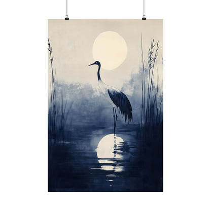 The Night Crane — Japanese Indigo Ink Print | Moonlit Crane