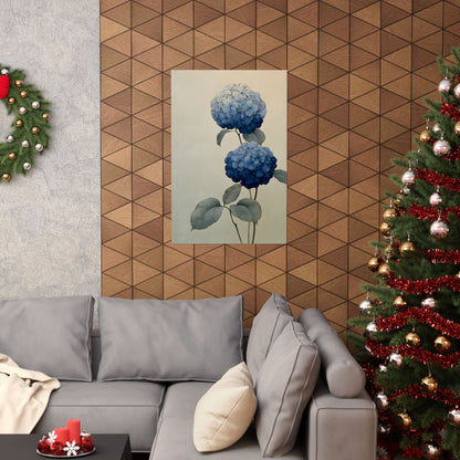 Two Hydrangeas, ink-drawn florals in blue gradients | Japanese botanical