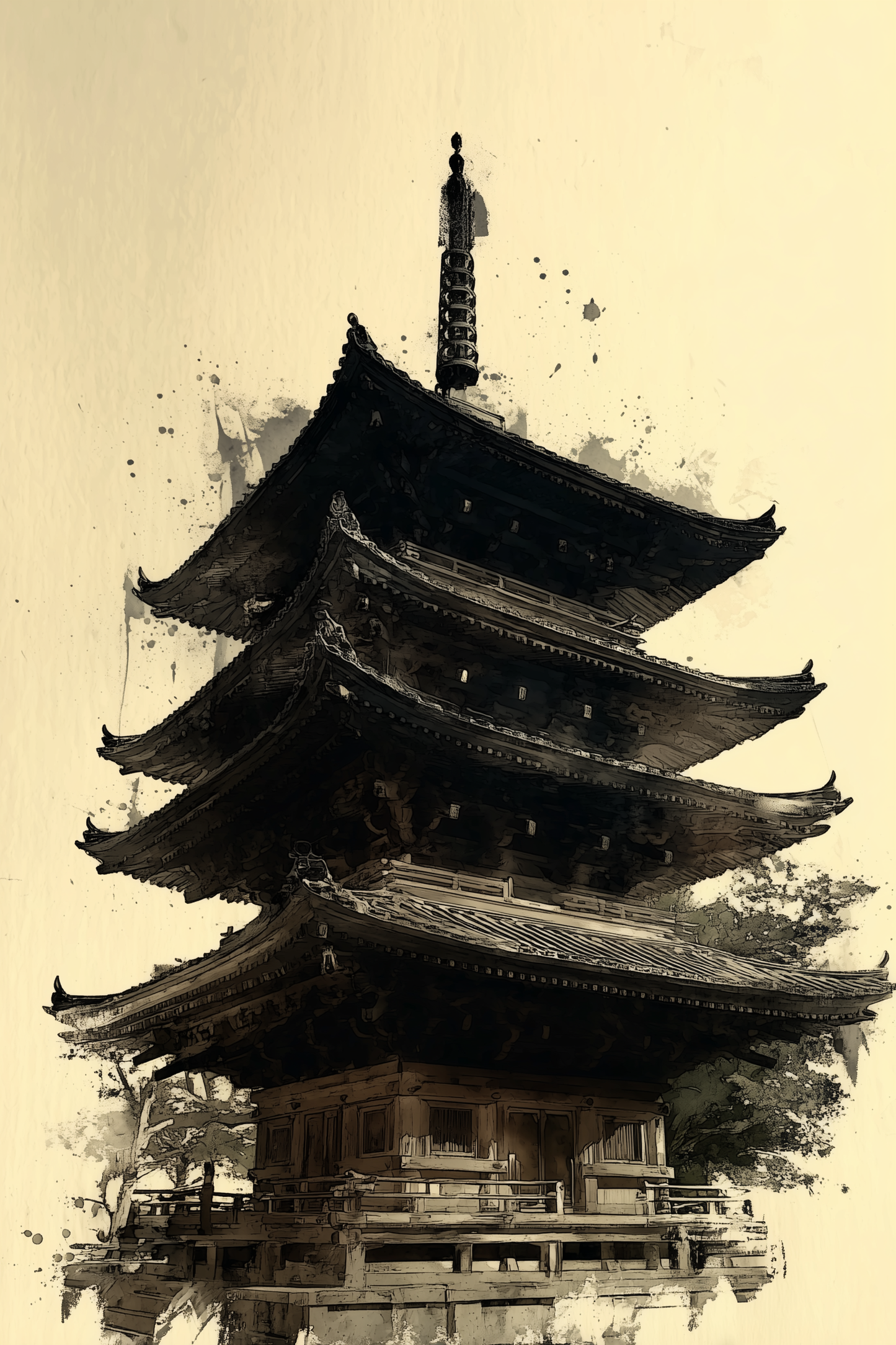Japanese pagoda sumi-e ink wash art print in charcoal and cream — Yugen Print Sacred Series