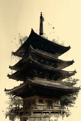 Japanese pagoda sumi-e ink wash art print in charcoal and cream — Yugen Print Sacred Series