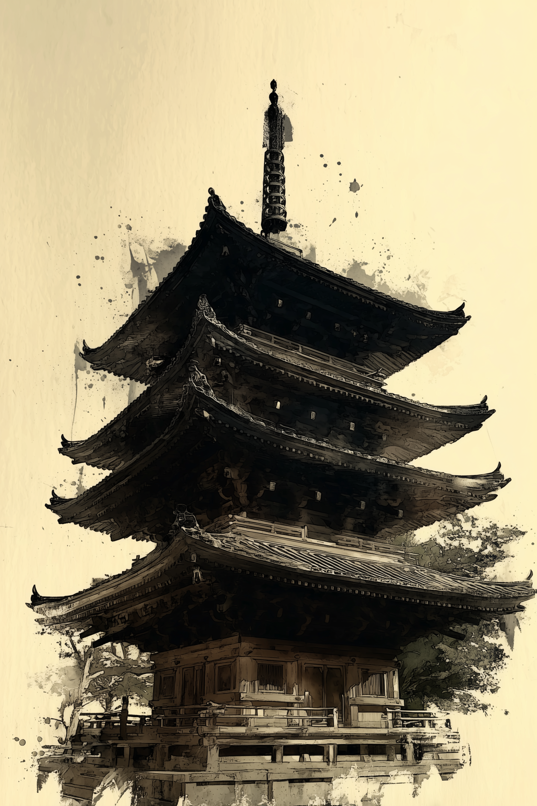 Japanese pagoda sumi-e ink wash art print in charcoal and cream — Yugen Print Sacred Series