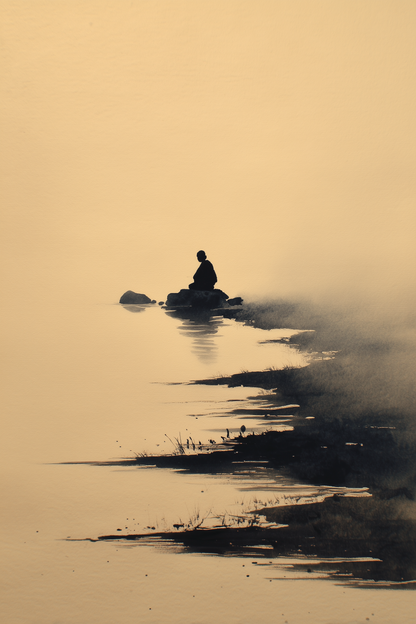 Sumi-e style ink print of a small lone figure seated on a rock in still water surrounded by mist, black ink on cream, Yugen Print