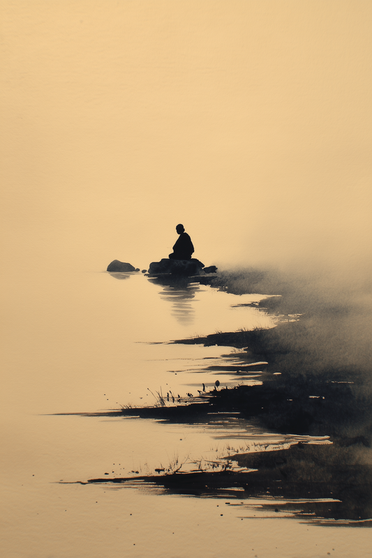 Sumi-e style ink print of a small lone figure seated on a rock in still water surrounded by mist, black ink on cream, Yugen Print