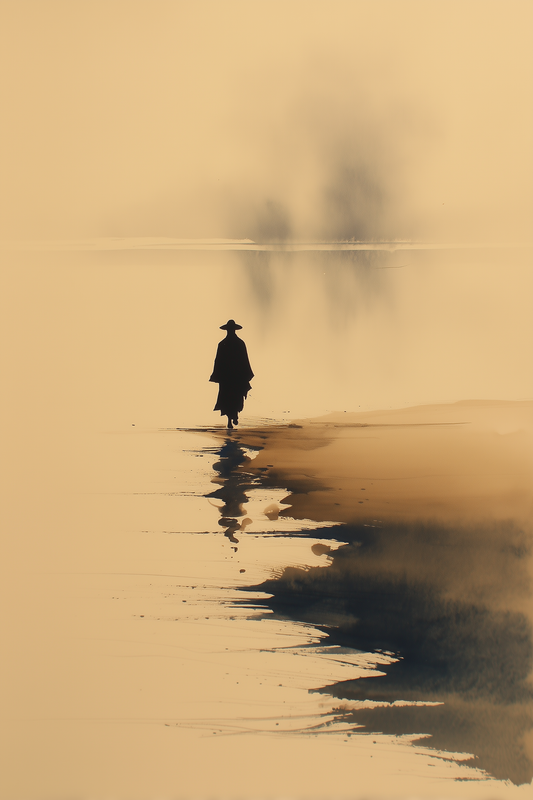 Sumi-e style ink wash print of a lone figure standing at the water's edge with a faint reflection in mist, black ink on cream, Yugen Print