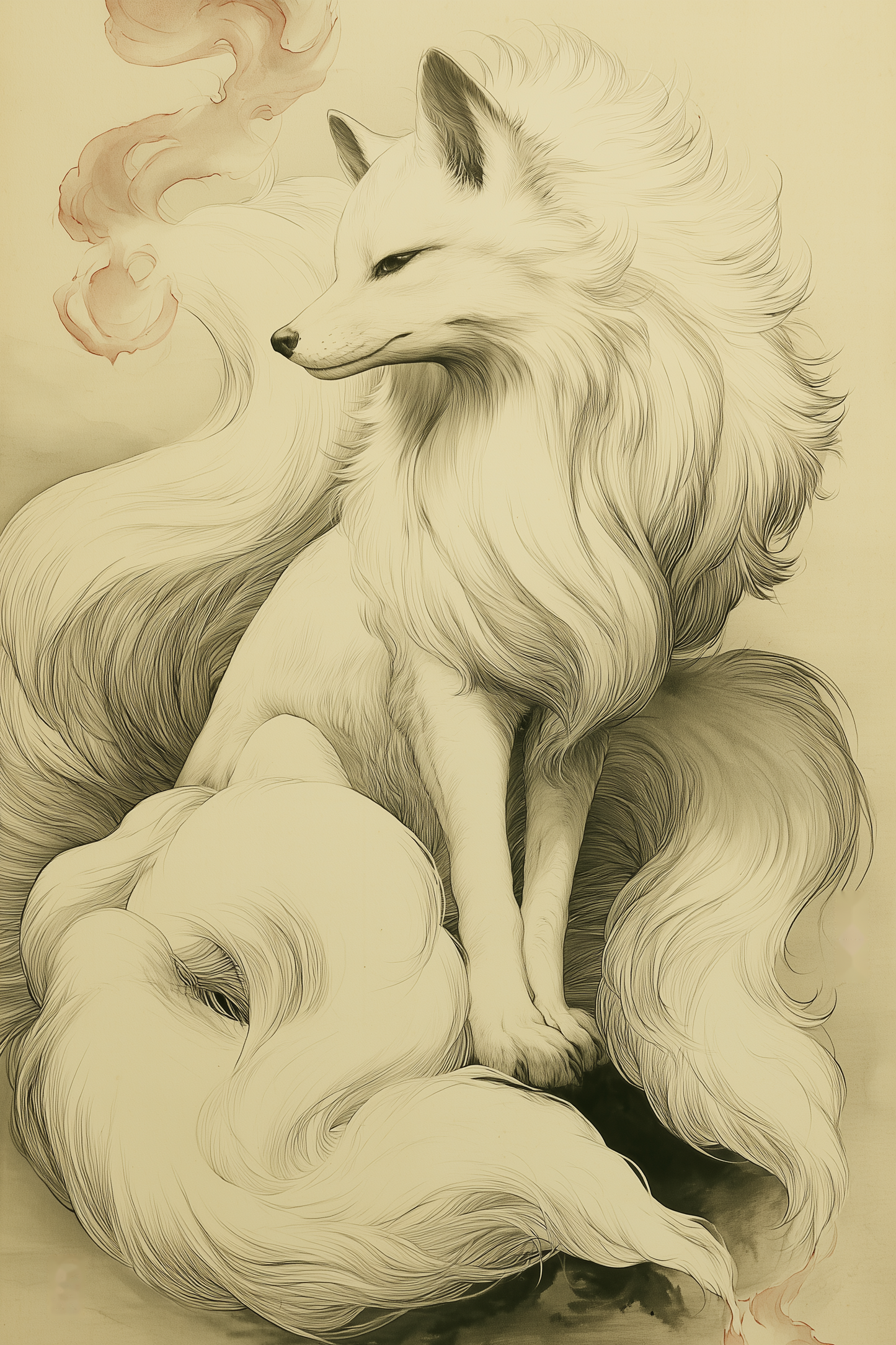 Sumi-e style ink print of a white nine-tailed fox seated with a pale rose-toned foxfire flame drifting nearby, black ink on cream, Yugen Print