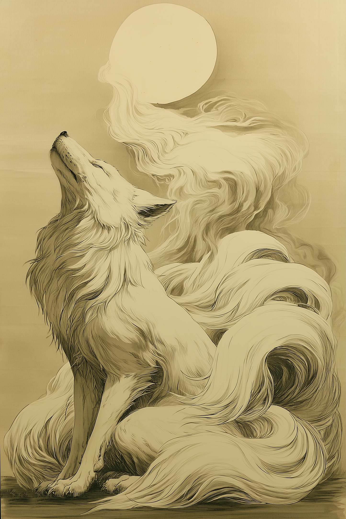 Sumi-e style ink print of a white nine-tailed fox lifting its head toward a full moon, tails rising into mist toward the pale moon, black ink on cream, Yugen Print