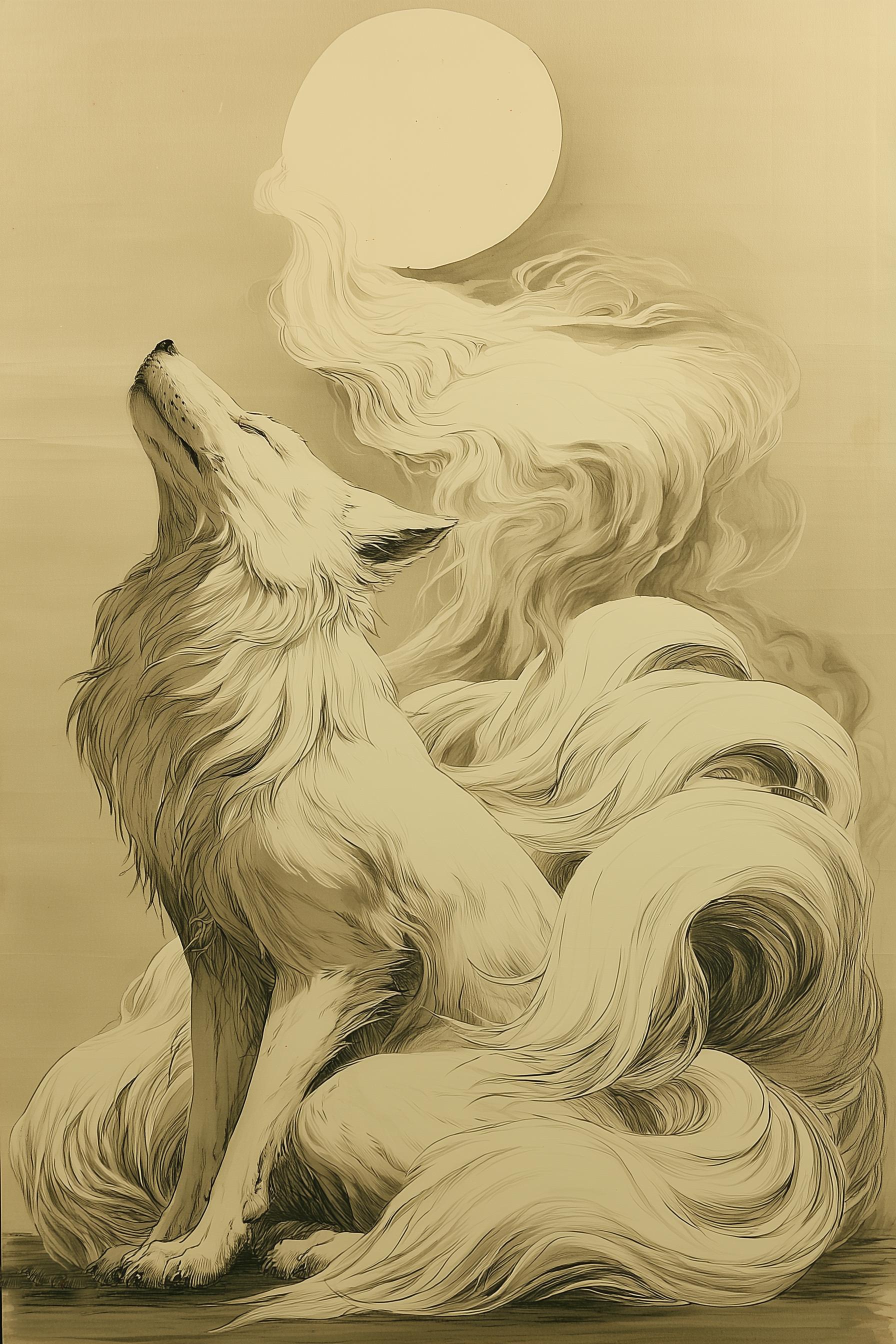 Sumi-e style ink print of a white nine-tailed fox lifting its head toward a full moon, tails rising into mist toward the pale moon, black ink on cream, Yugen Print
