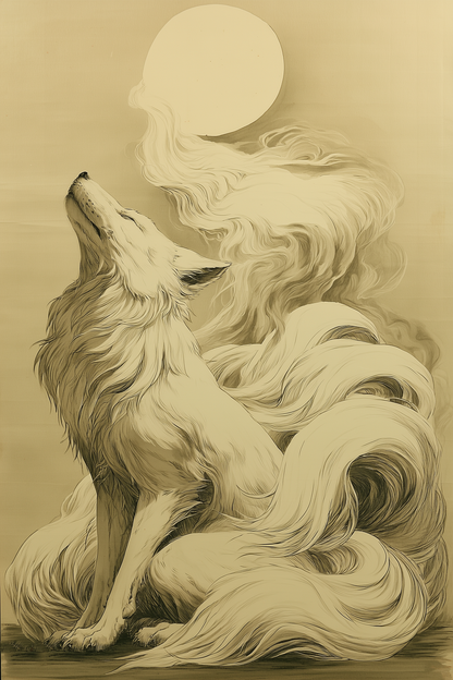 Sumi-e style ink print of a white nine-tailed fox lifting its head toward a full moon, tails rising into mist toward the pale moon, black ink on cream, Yugen Print