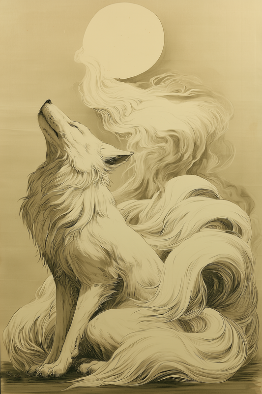 Sumi-e style ink print of a white nine-tailed fox lifting its head toward a full moon, tails rising into mist toward the pale moon, black ink on cream, Yugen Print