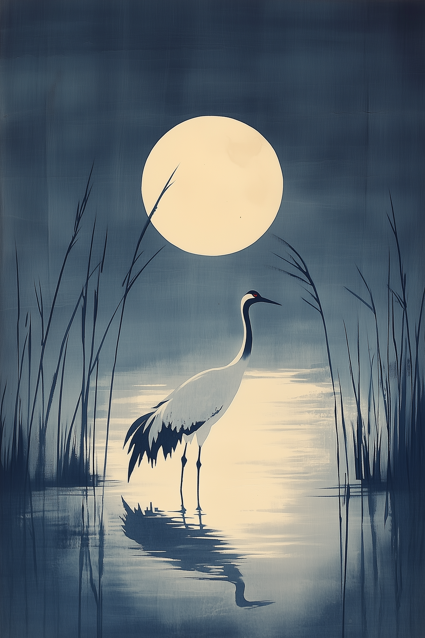 Crane in the Reeds — Japanese Indigo Ink Print | Moonlit Crane
