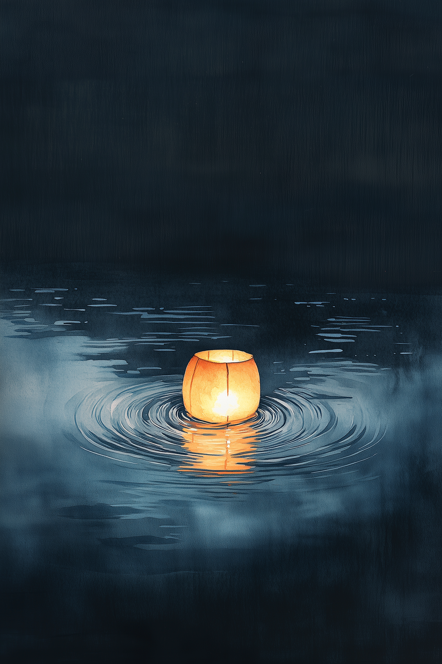 Sumi-e style indigo ink print of a single paper lantern glowing on still dark water with ripples, Yugen Print