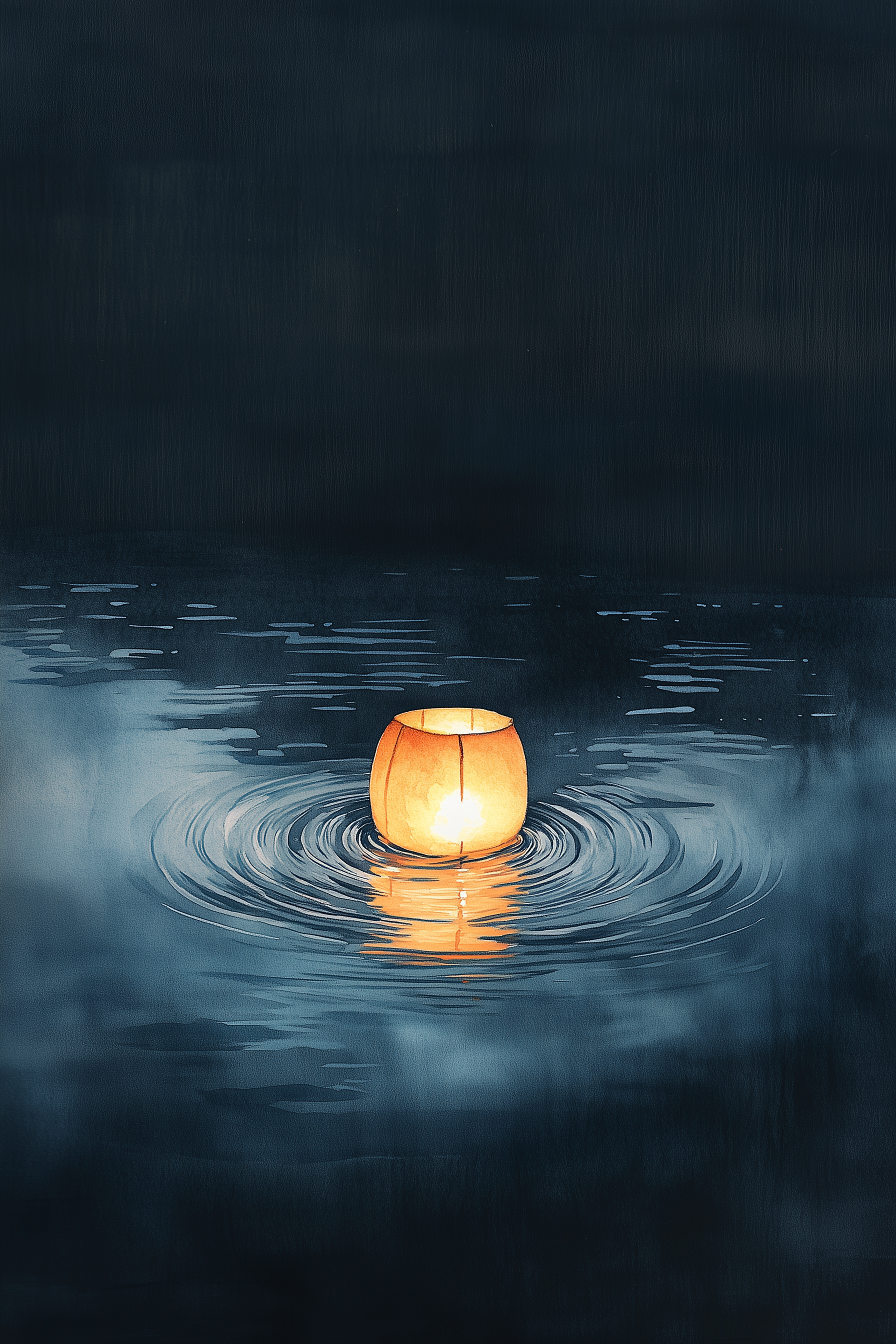 Sumi-e style indigo ink print of a single paper lantern glowing on still dark water with ripples, Yugen Print