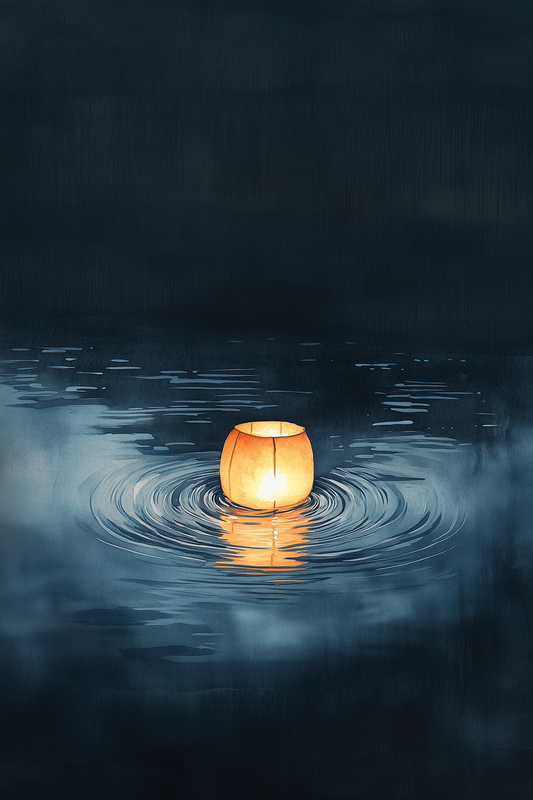 Sumi-e style indigo ink print of a single paper lantern glowing on still dark water with ripples, Yugen Print