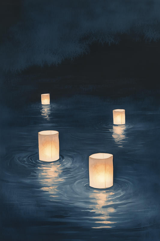 Sumi-e style indigo ink print of paper lanterns floating and glowing on dark water at night, Yugen Print