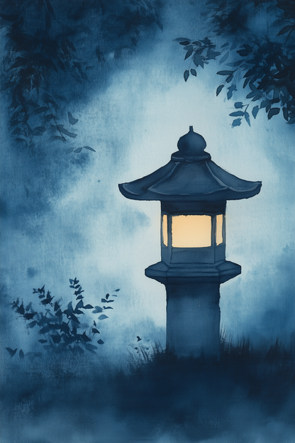 Sumi-e style indigo ink print of a glowing Japanese stone lantern in a misty night garden, Yugen Print