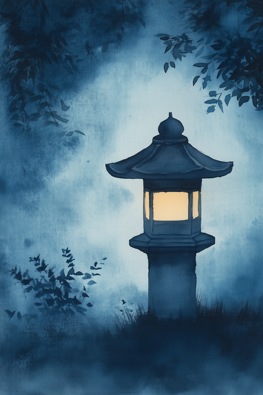 Sumi-e style indigo ink print of a glowing Japanese stone lantern in a misty night garden, Yugen Print