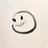Enso Neko wall art print in black ink on warm cream, Yugen Print.
