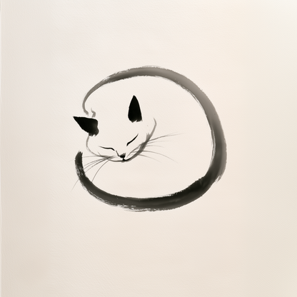 Enso Neko wall art print in black ink on warm cream, Yugen Print.