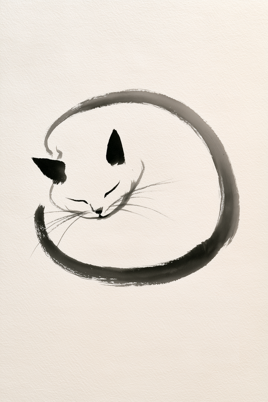 Enso Neko wall art print in black ink on warm cream, Yugen Print.