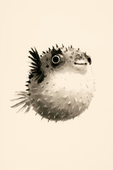 Fugu Puff, a sumi-e style print of a round spiny pufferfish in black ink on warm cream, Yugen Print