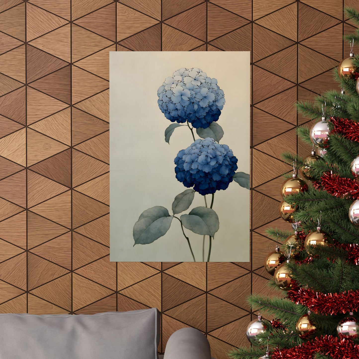 Two Hydrangeas, ink-drawn florals in blue gradients | Japanese botanical