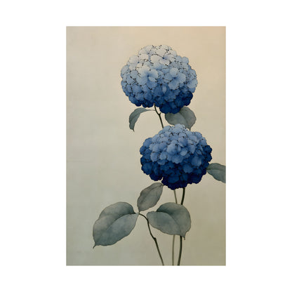 Two Hydrangeas, ink-drawn florals in blue gradients | Japanese botanical