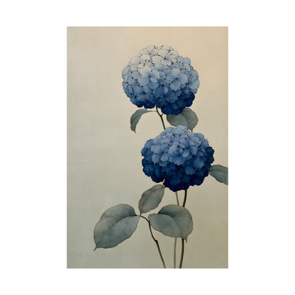 Two Hydrangeas, ink-drawn florals in blue gradients | Japanese botanical