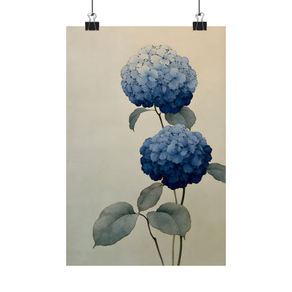Two Hydrangeas, ink-drawn florals in blue gradients | Japanese botanical