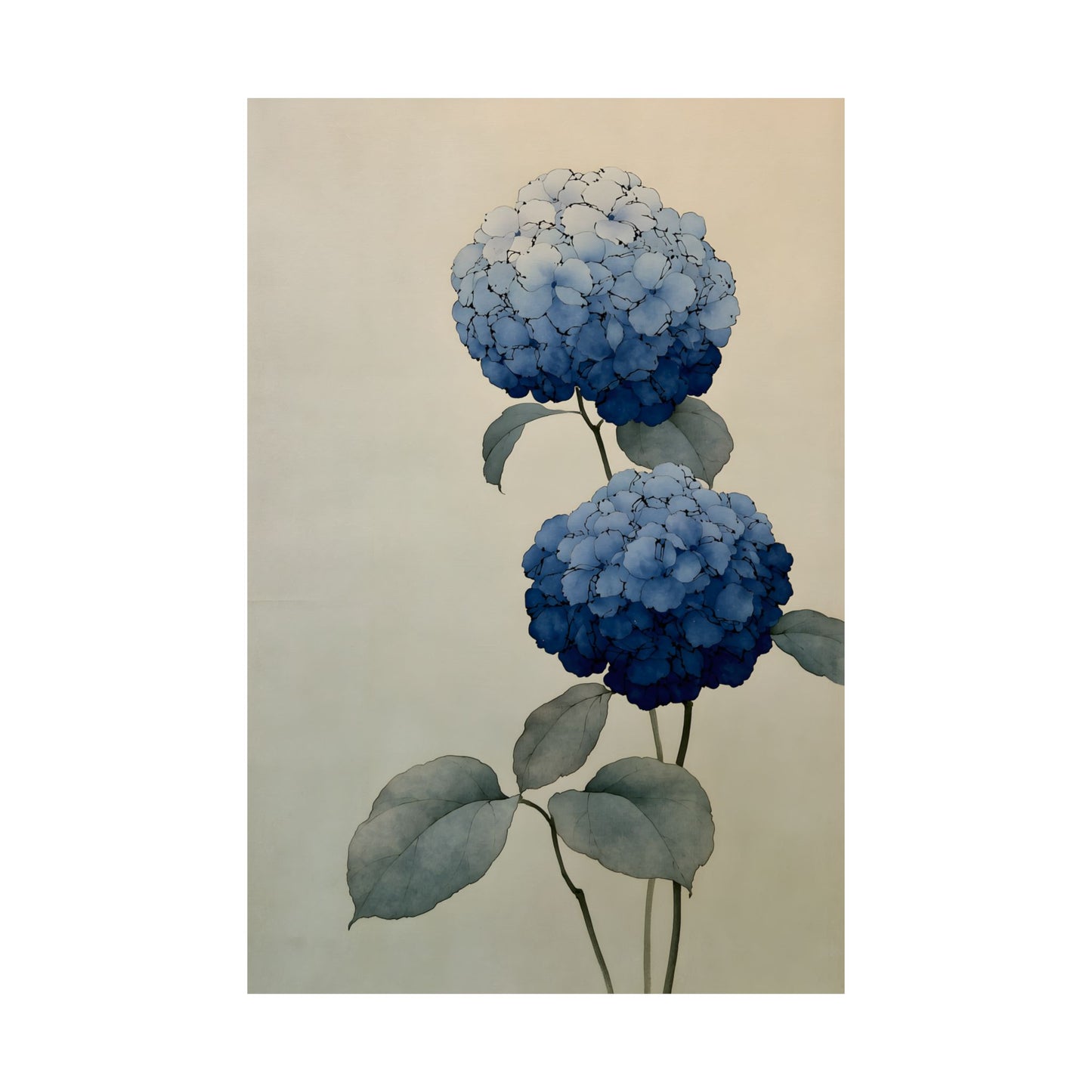Two Hydrangeas, ink-drawn florals in blue gradients | Japanese botanical