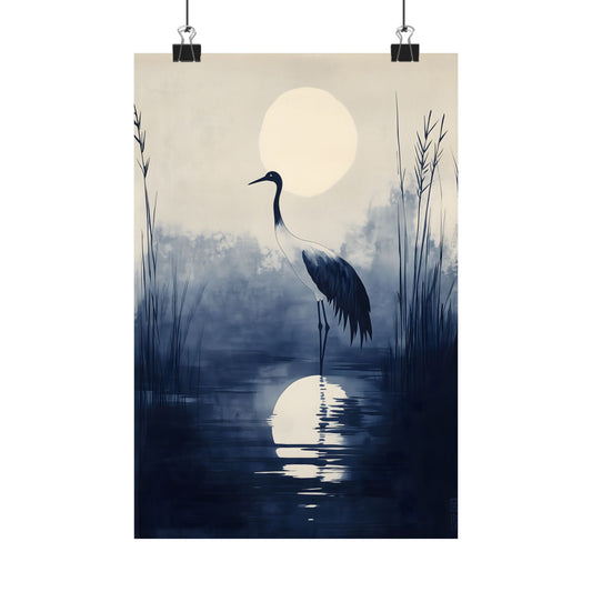 The Night Crane — Japanese Indigo Ink Print | Moonlit Crane