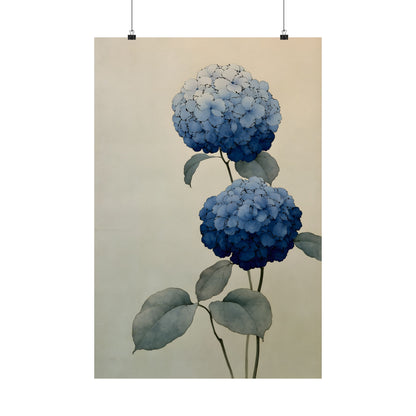 Two Hydrangeas, ink-drawn florals in blue gradients | Japanese botanical