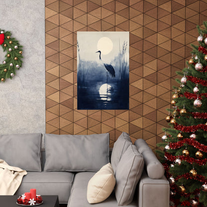 The Night Crane — Japanese Indigo Ink Print | Moonlit Crane
