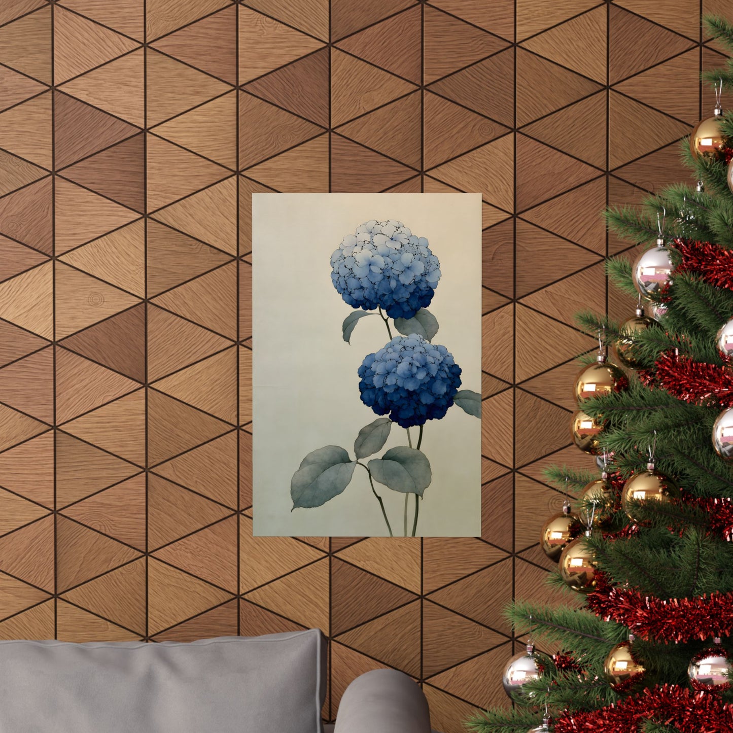 Two Hydrangeas, ink-drawn florals in blue gradients | Japanese botanical