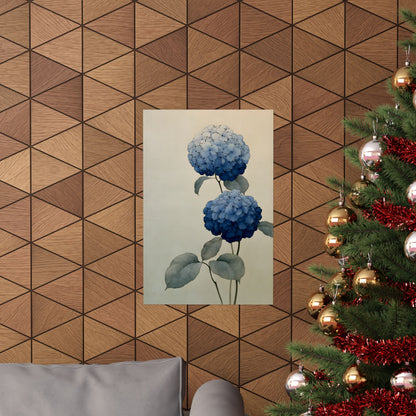 Two Hydrangeas, ink-drawn florals in blue gradients | Japanese botanical