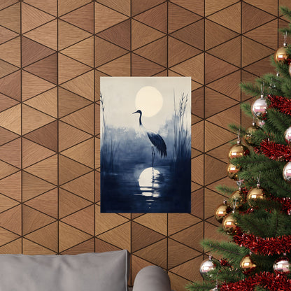 The Night Crane — Japanese Indigo Ink Print | Moonlit Crane