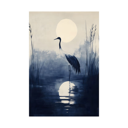 The Night Crane — Japanese Indigo Ink Print | Moonlit Crane