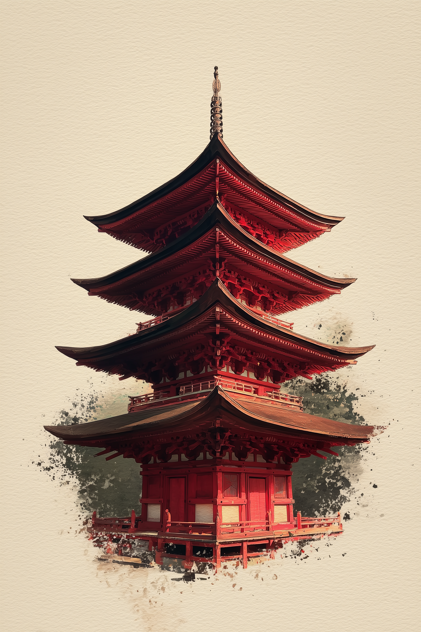 Crimson Japanese pagoda sumi-e ink wash art print in vermilion and charcoal on cream, Yugen Print Sacred Series