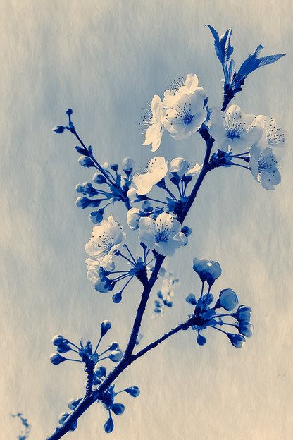 Indigo and white cherry blossom branch in Japanese sumi-e watercolor style on a soft blue ground, printed on cream art paper.