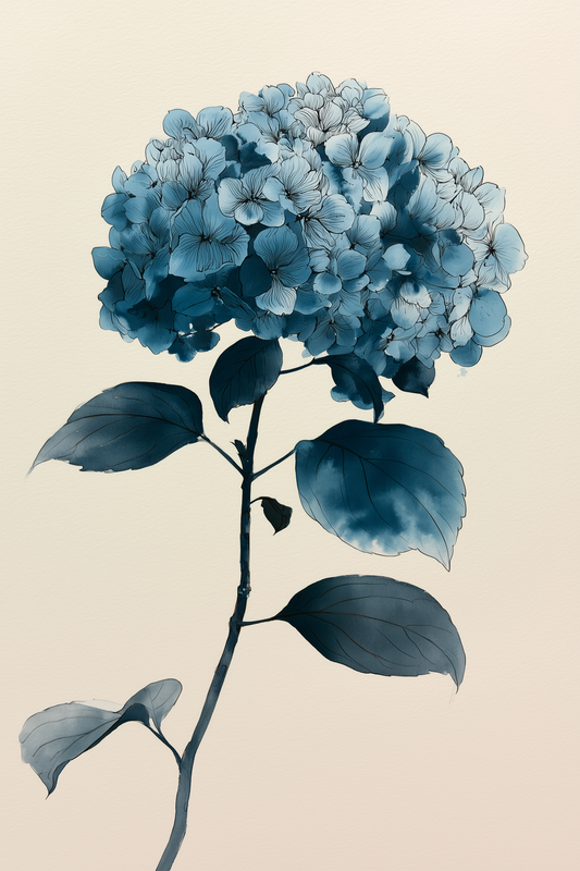 The Blue Hour hydrangea AI-assisted sumi-e ink wall art print in muted indigo and steel blue tones on cream paper, Yugen Print.