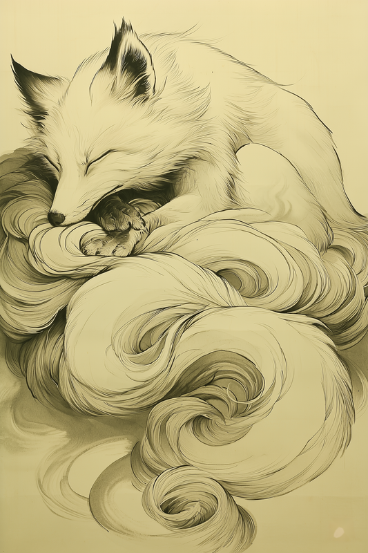 Sumi-e style ink print of a white nine-tailed fox prowling downward through mist, nine tails streaming behind, black ink on cream, Yugen Print