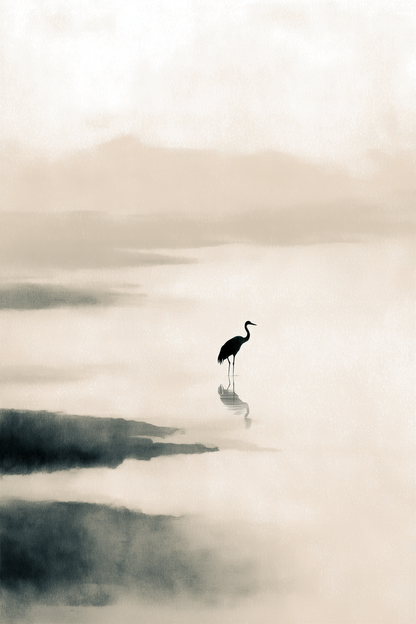 Solitary Crane | Minimalist Sumi-e Japanese Wall Art Print