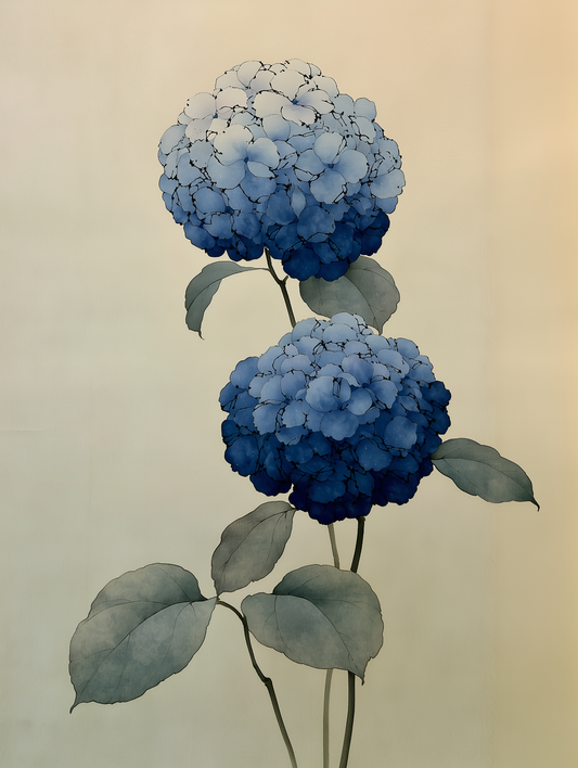 Two Hydrangeas, ink-drawn florals in blue gradients | Japanese botanical