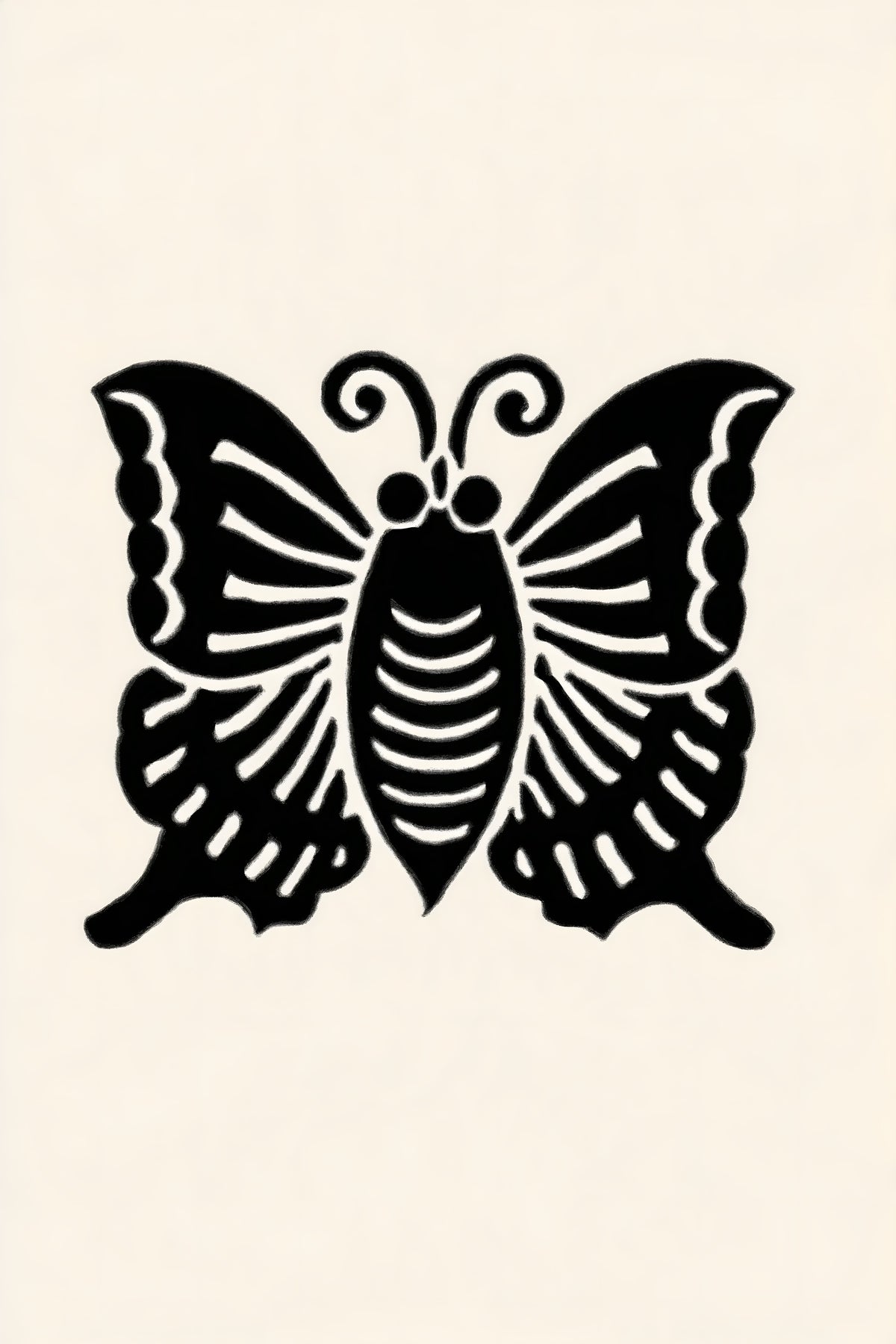 Agehachō butterfly kamon wall art print in black on cream paper, a swallowtail butterfly with fine white linework in a classic Japanese family crest