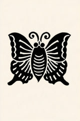 Agehachō butterfly kamon wall art print in black on cream paper, a swallowtail butterfly with fine white linework in a classic Japanese family crest