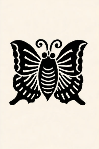 Agehachō butterfly kamon wall art print in black on cream paper, a swallowtail butterfly with fine white linework in a classic Japanese family crest