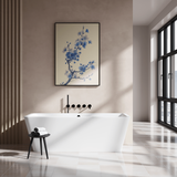 Sakura in Indigo print framed in a bright bathroom above a freestanding bath, Yugen Print