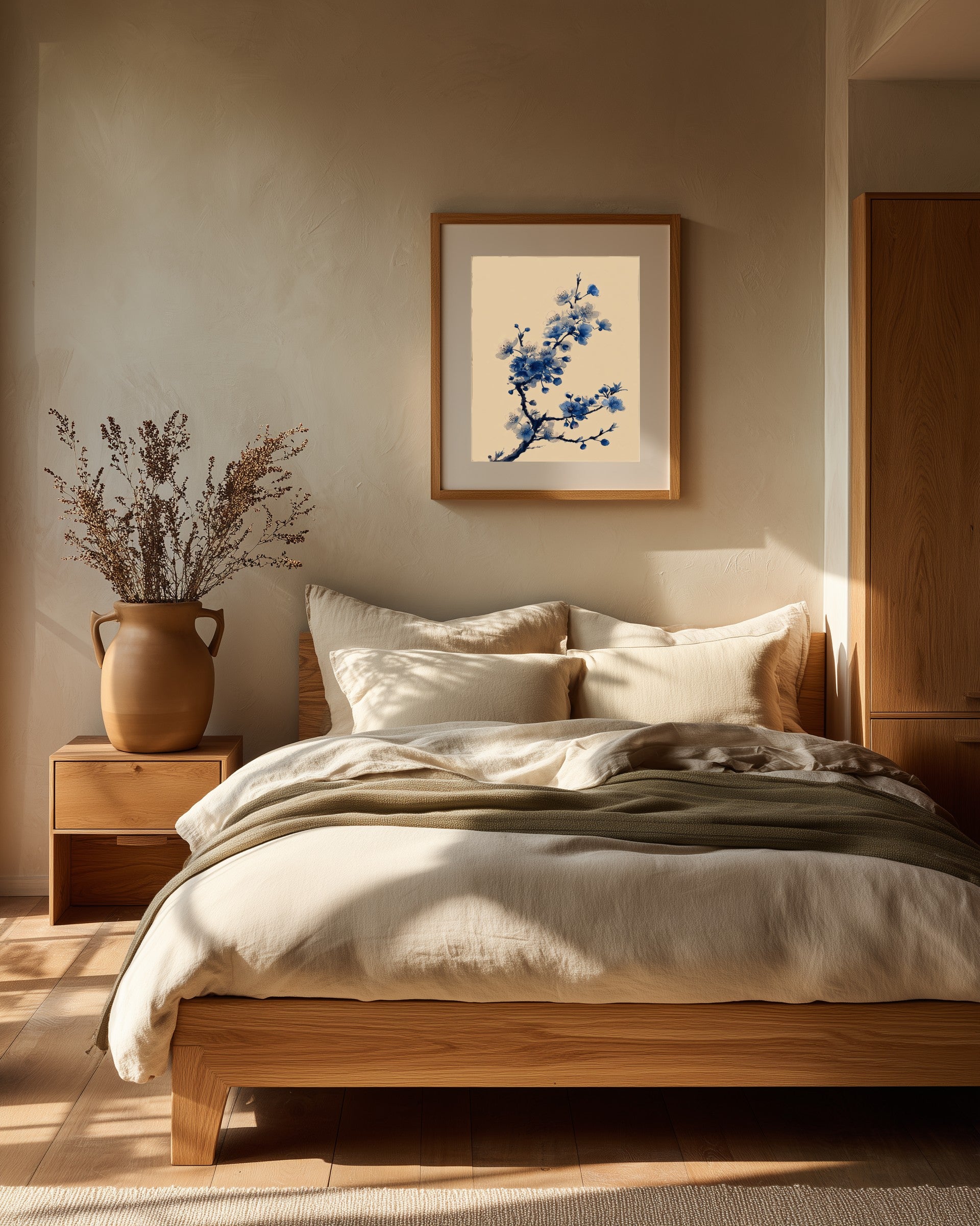 Blue cherry blossom sumi-e wall art print in a natural oak frame, hanging in a serene Japandi bedroom with linen bedding and natural wood furniture